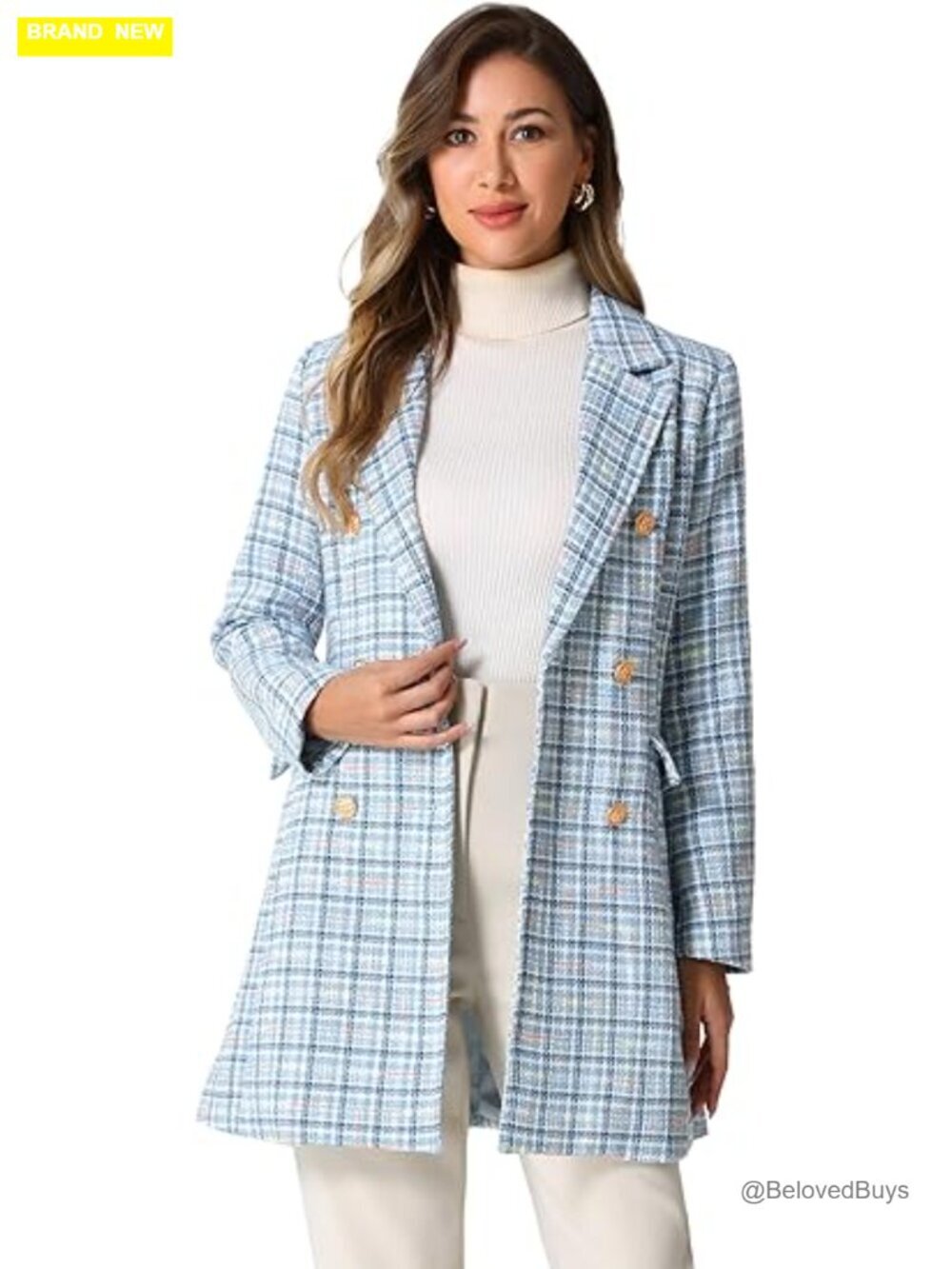 Double Breasted Tweed Blazer with Notched Lapel - Fully Lined